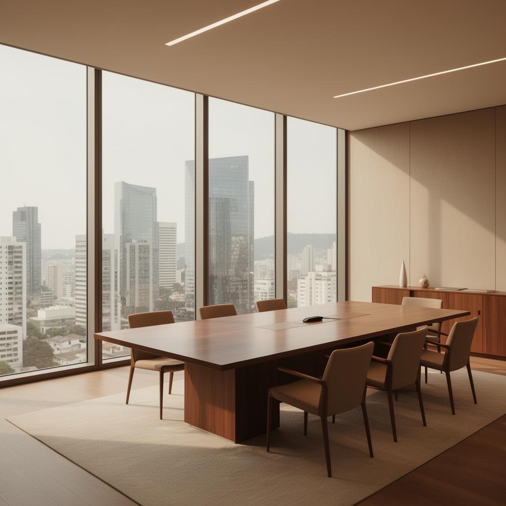 Ambiente corporativo brasileiro, escritório executivo moderno e elegante com iluminação natural e vista urbana